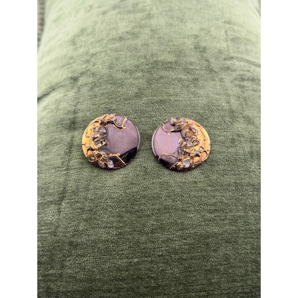 Vintage 80s La Rage Earrings Gold Iridescent Brown Brutalist Round Disc Posts